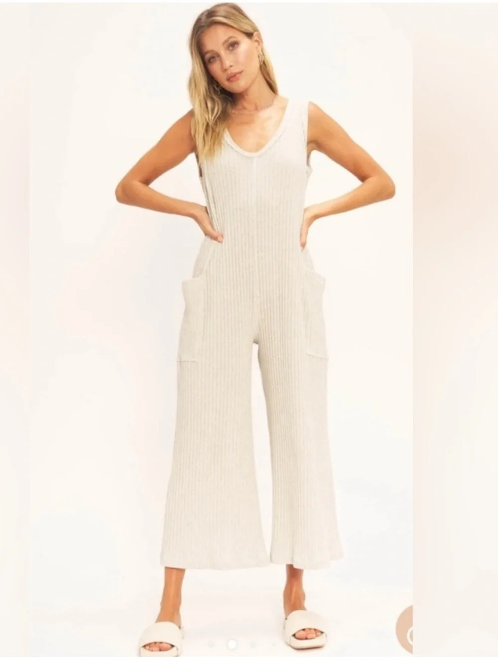 Project Social T Santa Maria Ribbed Jumpsuit Wide Leg Crop Ash Size S